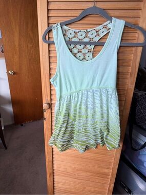 Girls Light Green Crochet Back Tank Top with Zebra Print Skirted Hem